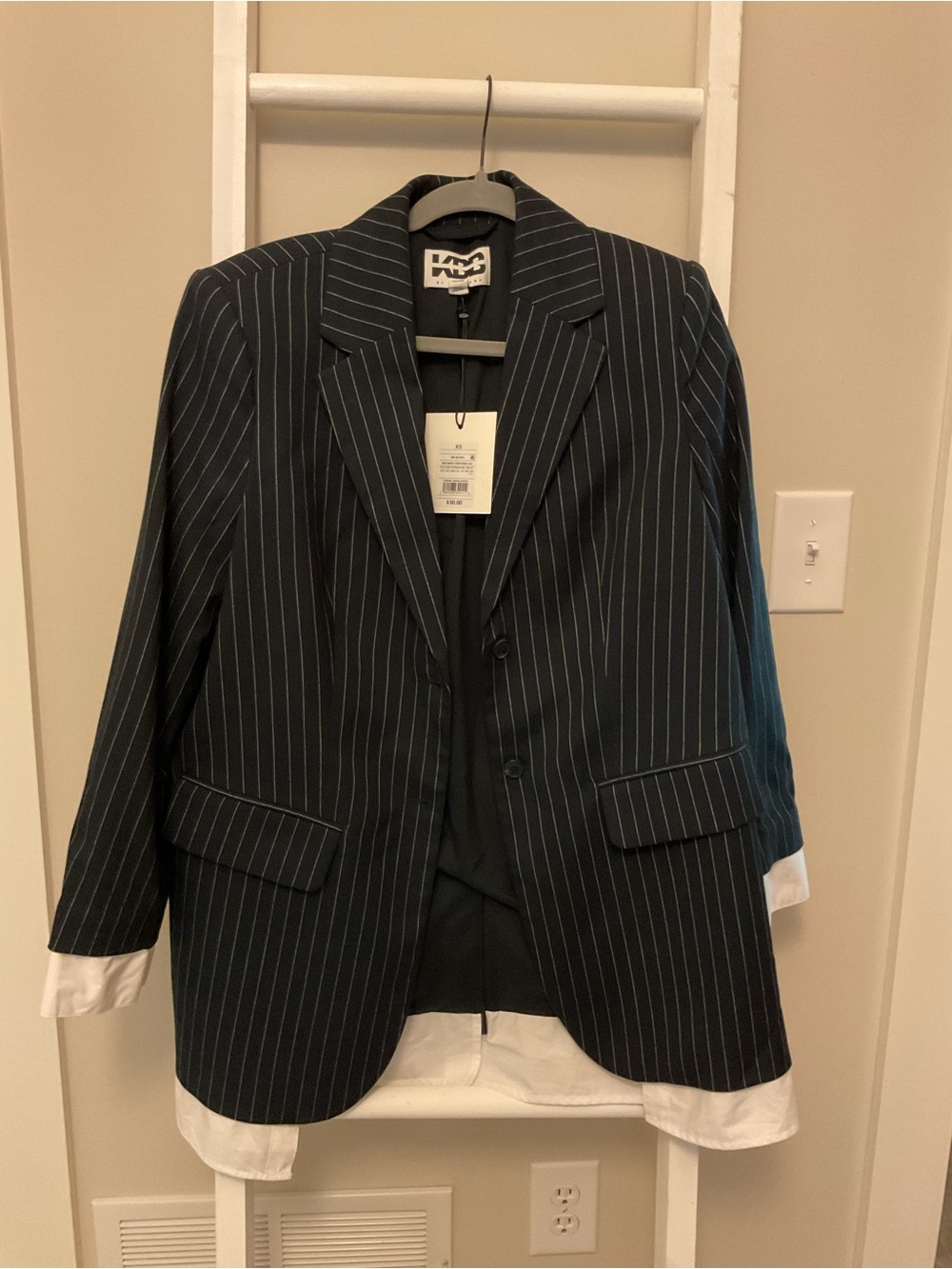 KBB by Khalana Oversized Navy Pinstripe Blazer with White Trim
